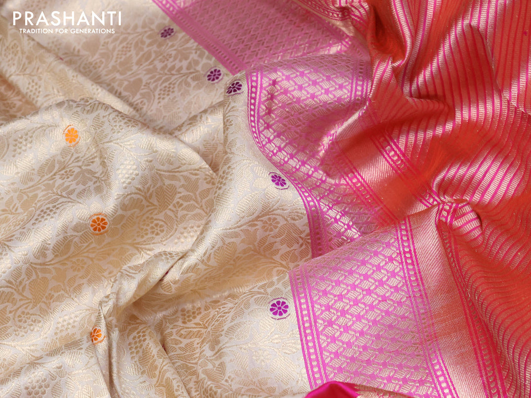 Pure banarasi uppada silk saree cream and candy pink with allover zari woven brocade weaves and long rich zari woven border