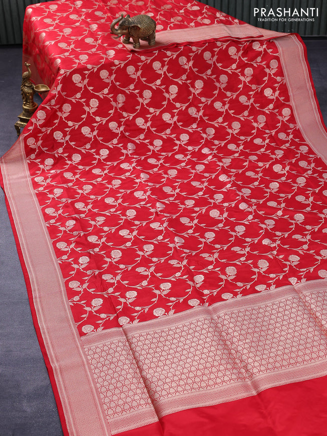 Pure banarasi uppada silk saree red with allover zari woven floral weaves and zari woven border