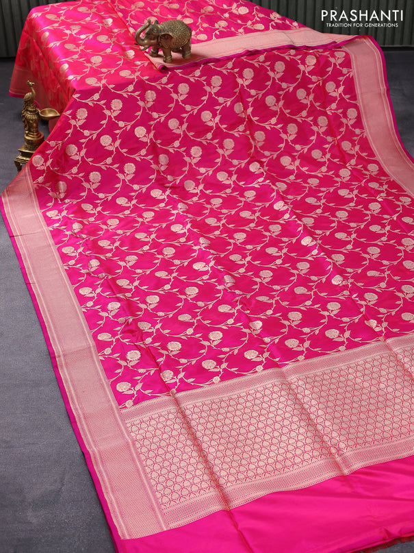 Pure banarasi uppada silk saree pink with allover zari woven floral weaves and zari woven border