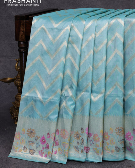 Pure banarasi uppada silk saree light blue with allover zari woven zig zag weaves and zari woven floral border