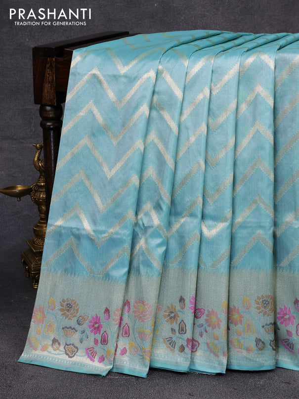Pure banarasi uppada silk saree light blue with allover zari woven zig zag weaves and zari woven floral border