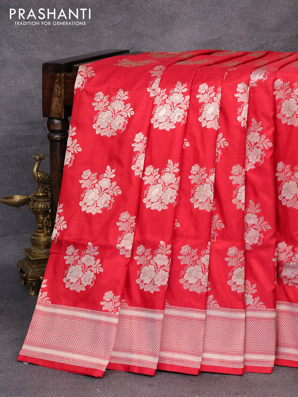 Pure banarasi uppada silk saree red with zari woven floral buttas and zari woven border