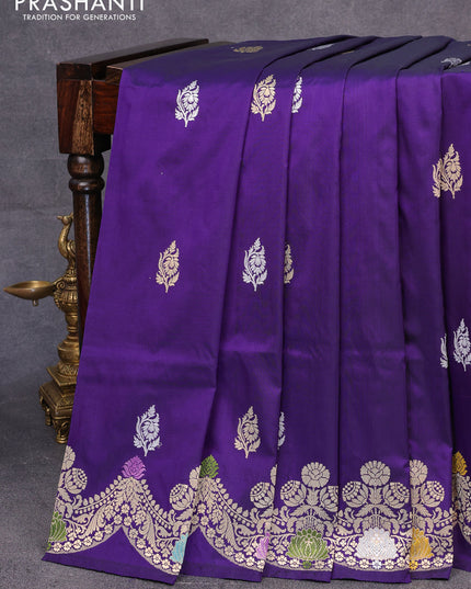 Pure banarasi uppada silk saree deep violet with silver & zari woven buttas and zari woven border
