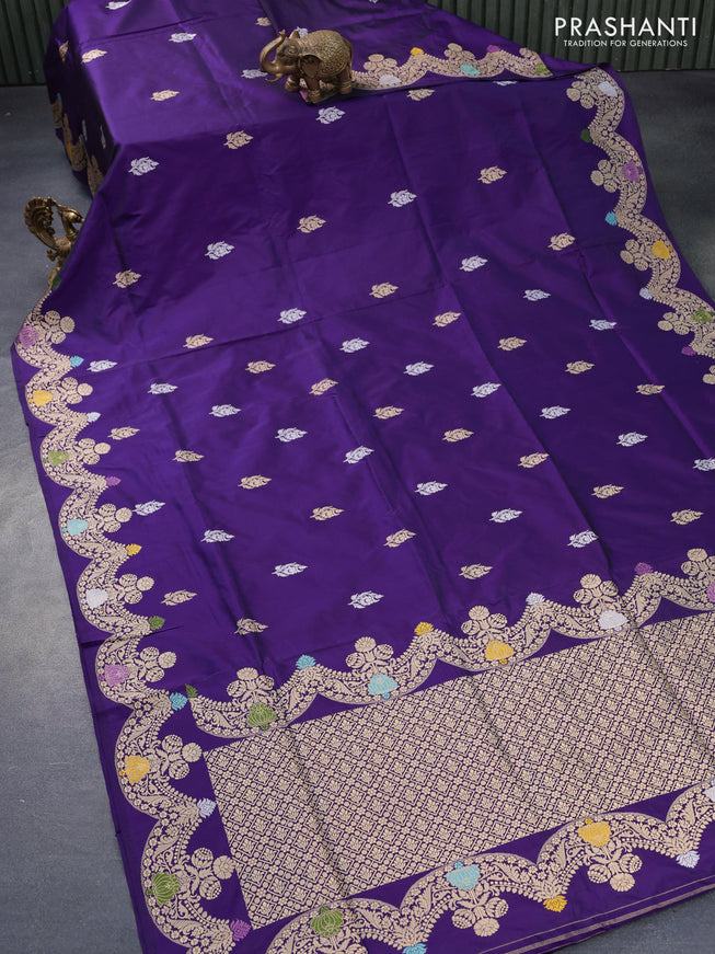 Pure banarasi uppada silk saree deep violet with silver & zari woven buttas and zari woven border