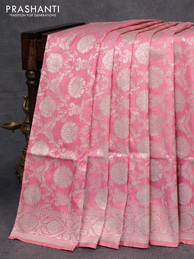 Pure banarasi uppada silk saree light pink with allover zari woven floral weaves and zari woven border