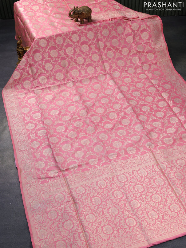 Pure banarasi uppada silk saree light pink with allover zari woven floral weaves and zari woven border