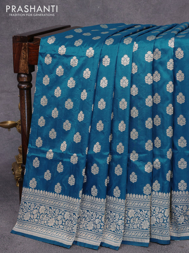 Pure banarasi uppada silk saree peacock blue with allover zari woven butta weaves and zari woven border