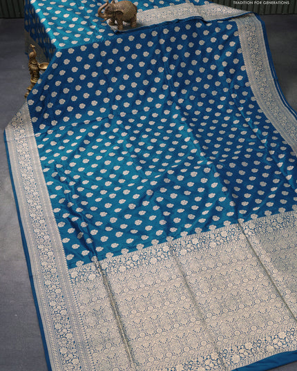 Pure banarasi uppada silk saree peacock blue with allover zari woven butta weaves and zari woven border