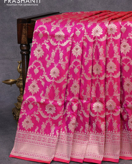 Pure banarasi uppada silk saree pink and red with allover zari woven brocade weaves and zari woven border