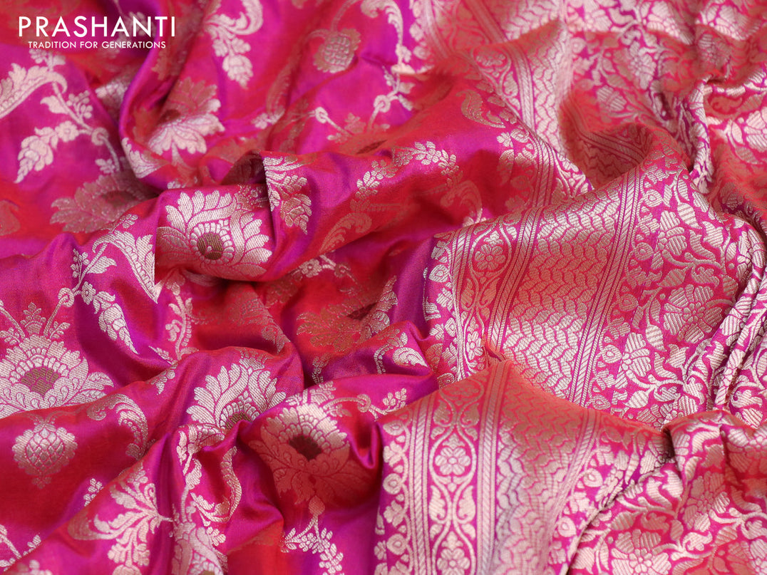Pure banarasi uppada silk saree pink and red with allover zari woven brocade weaves and zari woven border