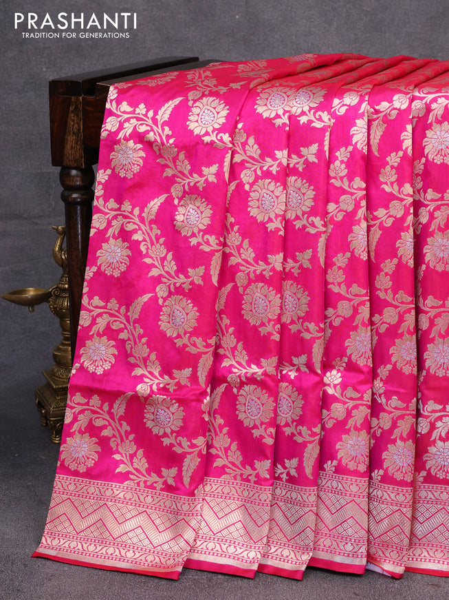 Pure banarasi uppada silk saree dark pink with allover zari woven floral weaves and zari woven border