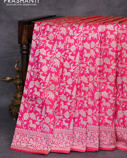 Pure banarasi uppada silk saree dual shade of pinkish orange with allover zari woven vanasingaram weaves and zari woven border