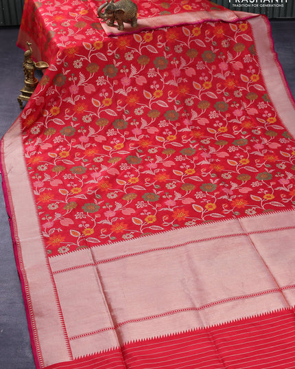 Pure banarasi uppada silk saree red and pink with allover thread & zari woven brocade weaves and zari woven border