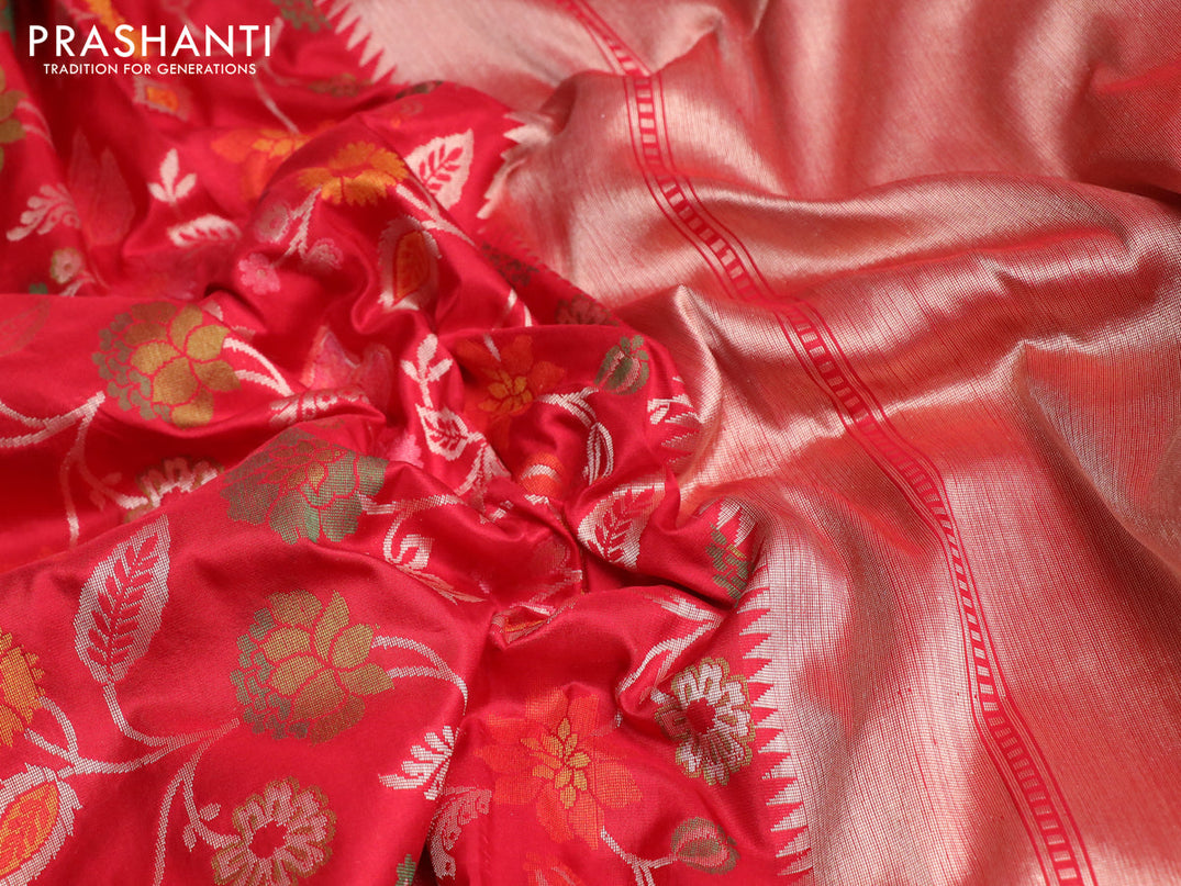 Pure banarasi uppada silk saree red and pink with allover thread & zari woven brocade weaves and zari woven border