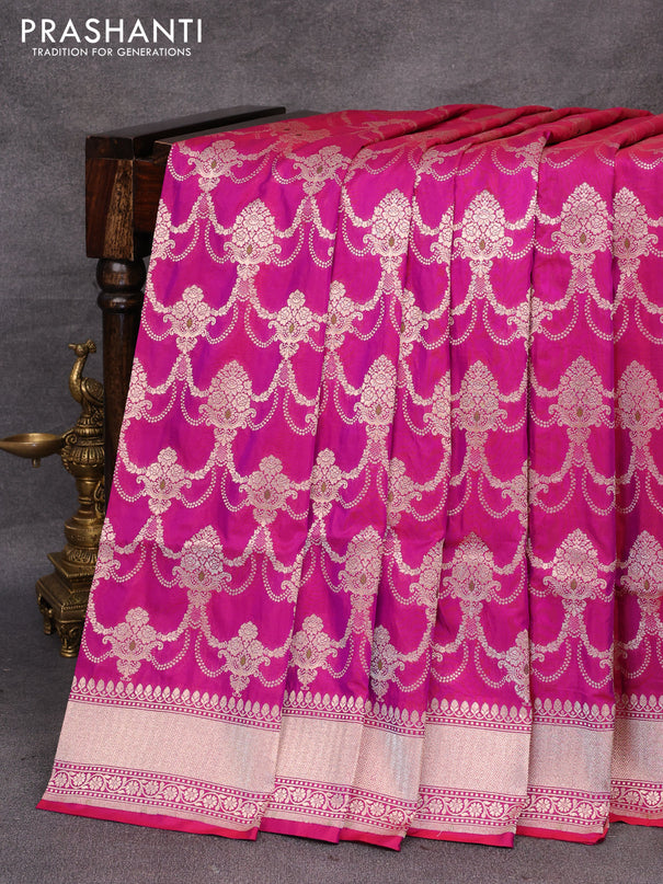 Pure banarasi uppada silk saree dual shade of purple and red with allover zari woven brocade weaves and zari woven border