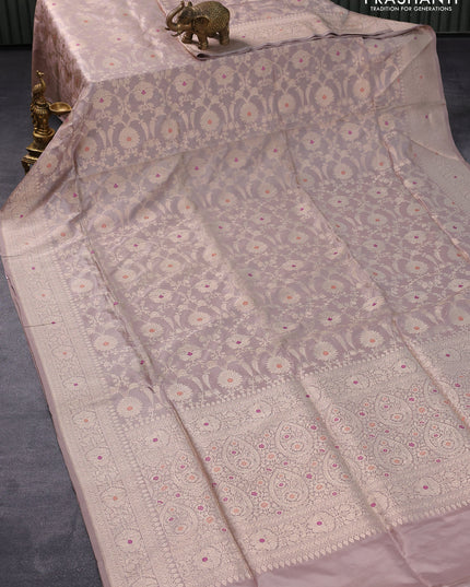 Pure banarasi uppada silk saree pastel grey with allover zari woven brocade weaves and zari woven border
