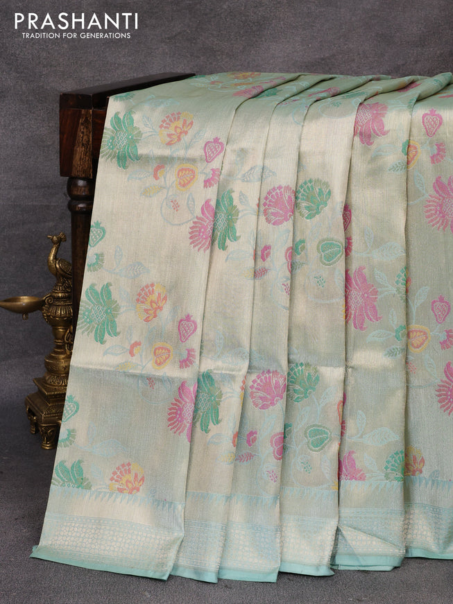 Pure banarasi uppada silk saree teal blue shade with allover zari woven floral design brocade weaves and zari woven border