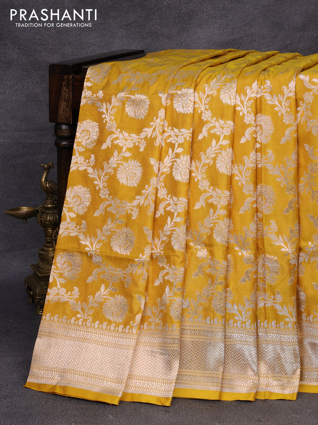 Pure banarasi uppada silk saree mustard yellow with allover zari woven floral weaves and zari woven border