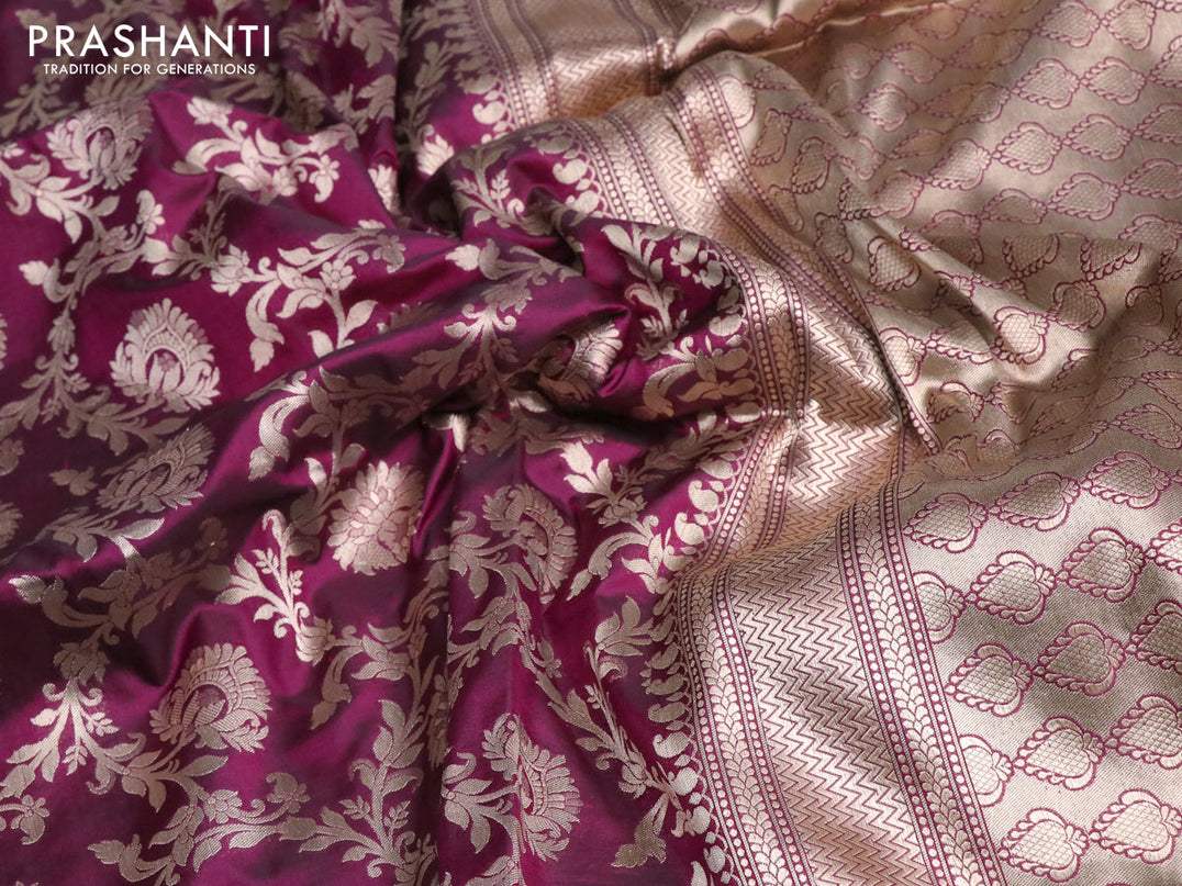 Pure banarasi uppada silk saree wine shade with allover zari woven floral weaves and zari woven border