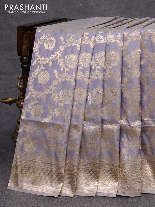 Pure banarasi uppada silk saree pastel grey with allover zari woven floral weaves and zari woven border