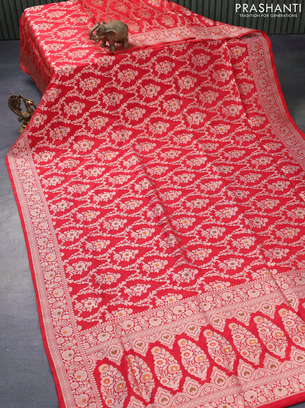 Pure banarasi uppada silk saree red with allover zari woven brocade weaves and zari woven border