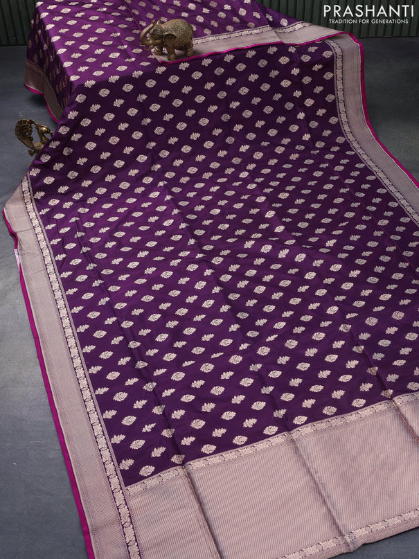 Pure banarasi uppada silk saree deep violet and magenta pink with allover zari woven buttas and zari woven border
