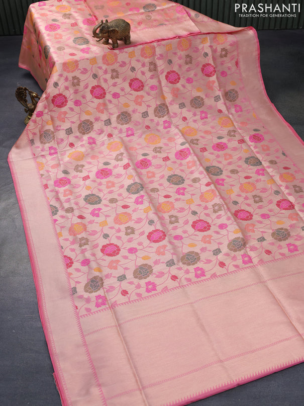 Pure banarasi uppada silk saree pastel pink with allover zari woven floral design brocade weaves and zari woven border