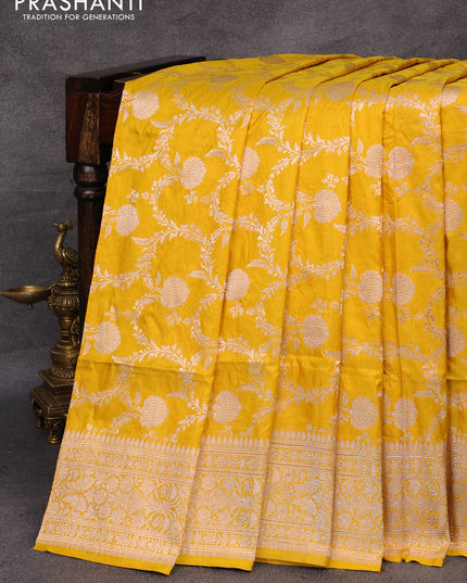 Pure banarasi uppada silk saree mustard yellow with allover zari woven brocade weaves and zari woven border
