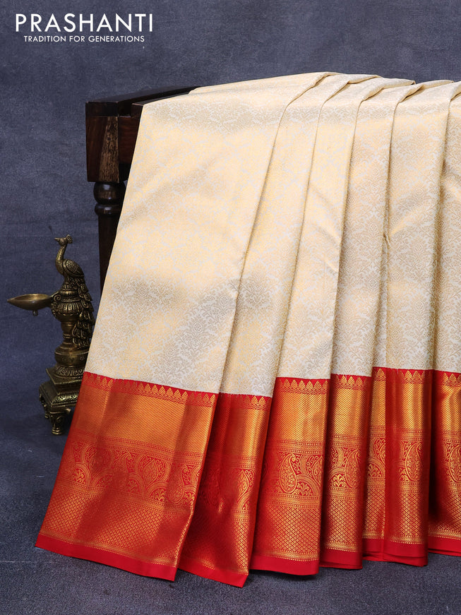 Pure kanjivaram silk saree cream and red with allover zari woven brocade weaves and rich zari woven border