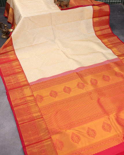 Pure kanjivaram silk saree cream and red with allover zari woven brocade weaves and rich zari woven border