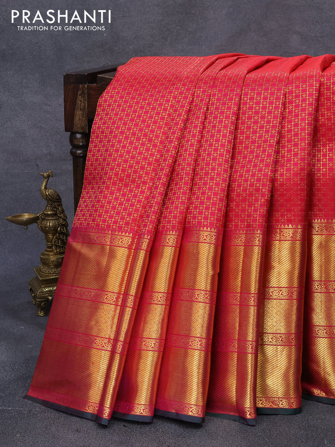 Pure kanjivaram silk saree dual shade of pinkish red and dual shade of green with allover zari checks & buttas and long zari woven border
