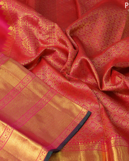 Pure kanjivaram silk saree dual shade of pinkish red and dual shade of green with allover zari checks & buttas and long zari woven border
