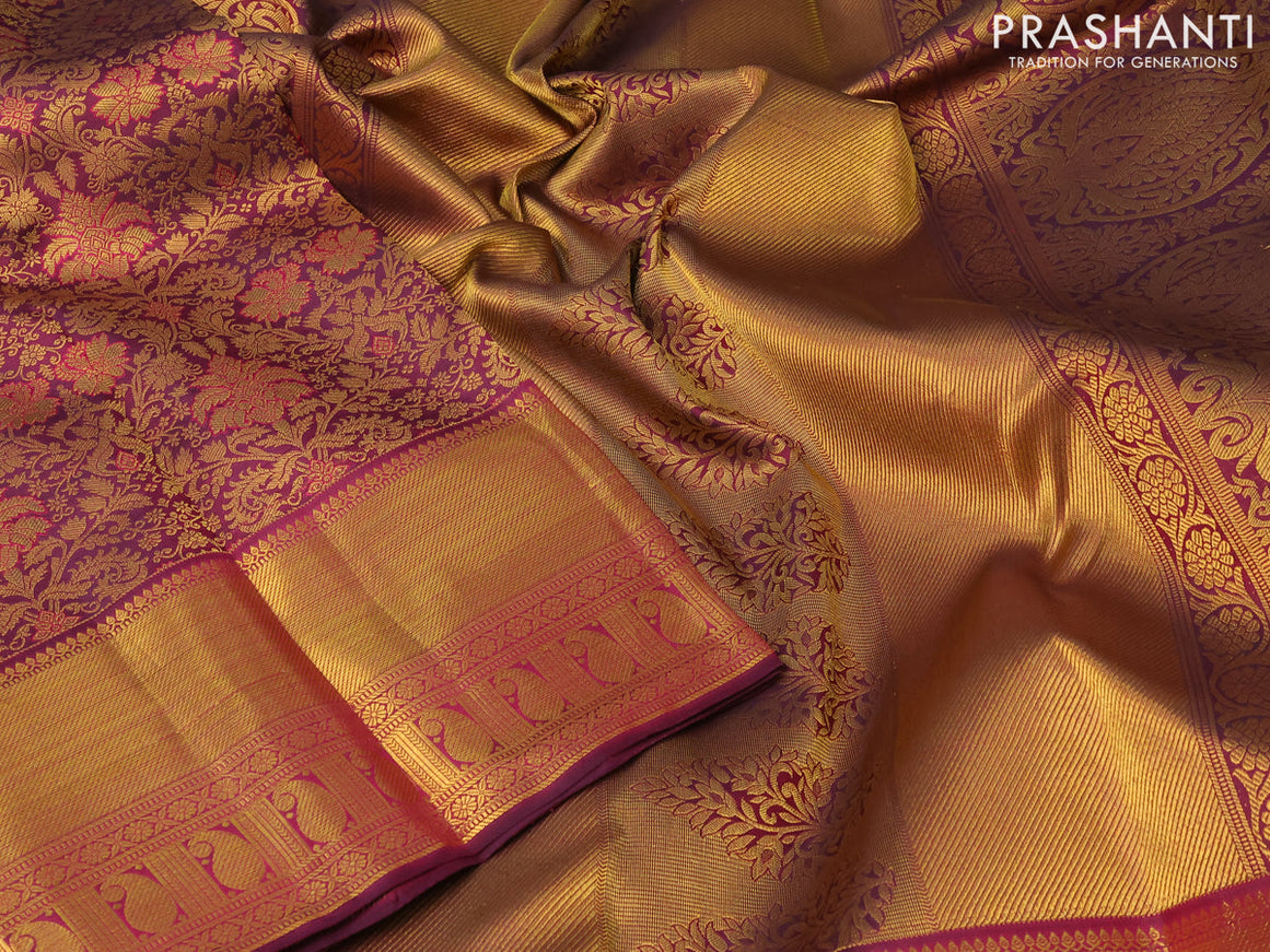 Pure kanjivaram silk saree dark magenta pink with allover zari woven brocade weaves and rich zari woven border