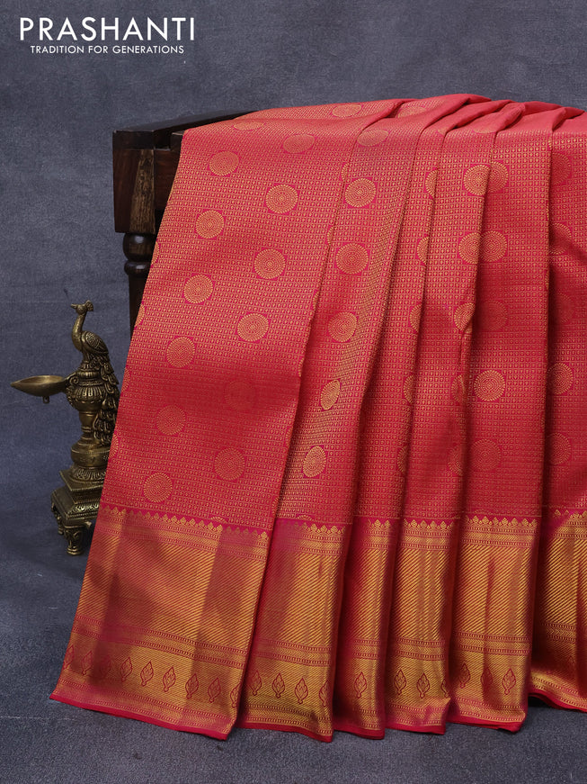 Pure kanjivaram silk saree dual shade of pink with allover zari woven brocade weaves and zari woven border