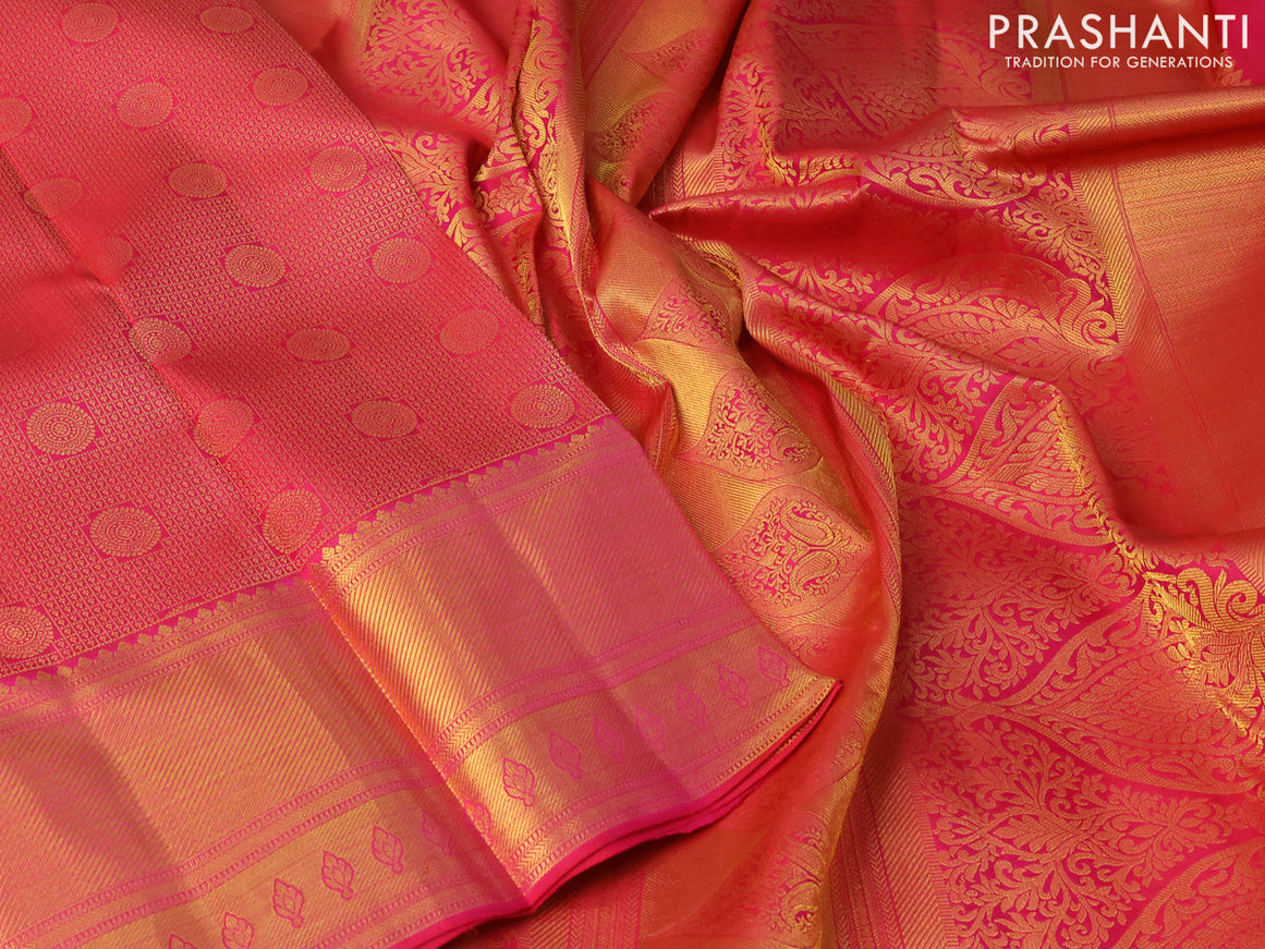 Pure kanjivaram silk saree dual shade of pink with allover zari woven brocade weaves and zari woven border