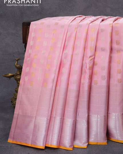 Pure kanjivaram silk saree light pink and mustard yellow with silver & gold zari woven annam buttas and long silver zari woven border