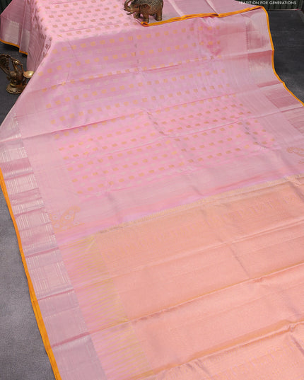 Pure kanjivaram silk saree light pink and mustard yellow with silver & gold zari woven annam buttas and long silver zari woven border