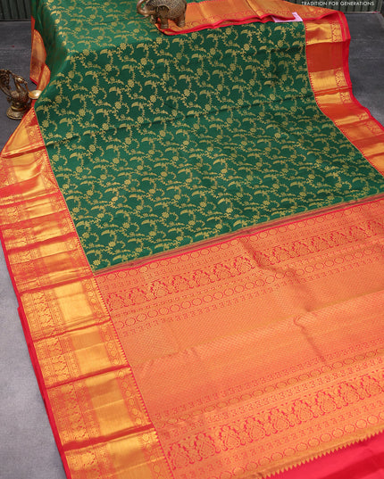 Pure kanjivaram silk saree green and red with allover zari woven brocade weaves and long zari woven border