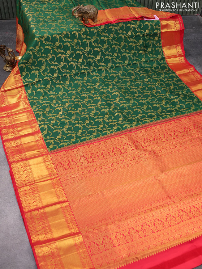 Pure kanjivaram silk saree green and red with allover zari woven brocade weaves and long zari woven border