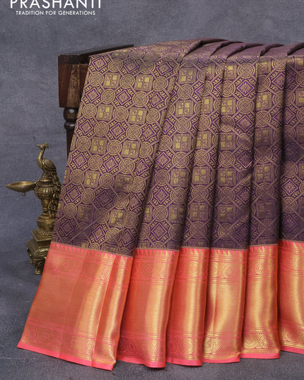 Pure kanjivaram silk saree deep jamun shade and dual shade of pinkish orange with allover zari woven brocade weaves and long zari woven border