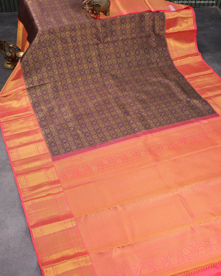 Pure kanjivaram silk saree deep jamun shade and dual shade of pinkish orange with allover zari woven brocade weaves and long zari woven border