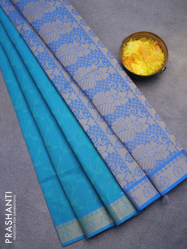 Coimbatore cotton saree dual shade of blue and cs blue with allover self emboss and thread woven border