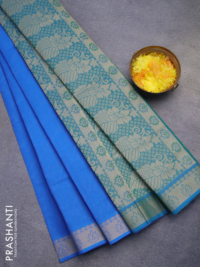Coimbatore cotton saree cs blue and dual shade of greenish blue with allover self emboss and thread woven border
