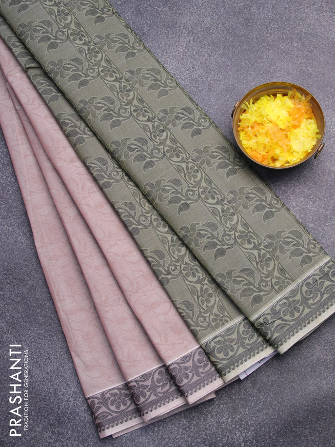 Coimbatore cotton saree pastel brown and sap green shade with allover self emboss and thread woven border