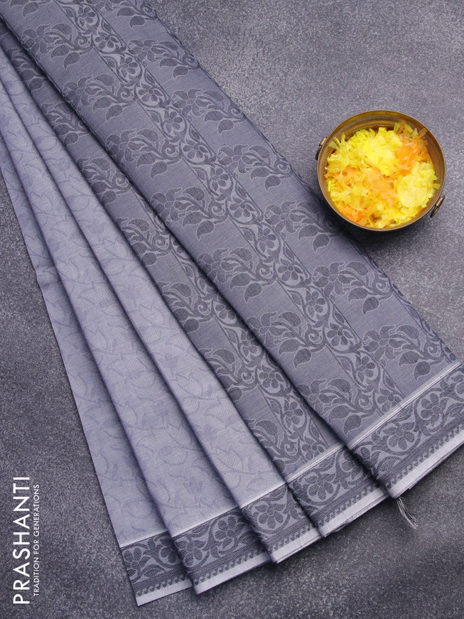 Coimbatore cotton saree grey shade with allover self emboss and thread woven border