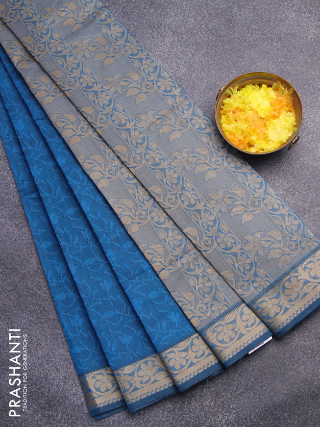 Coimbatore cotton saree cs blue and beige with allover self emboss and thread woven border