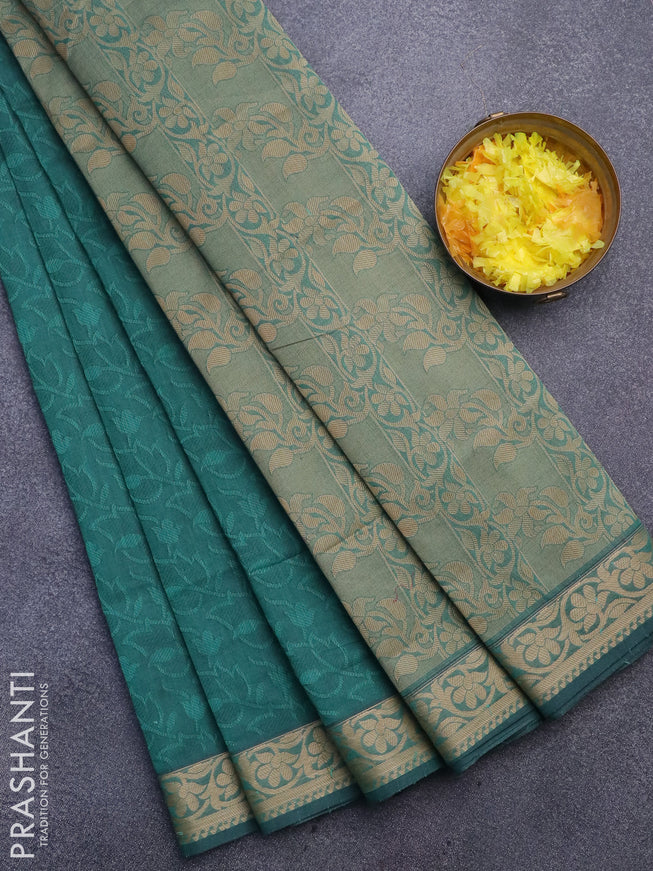 Coimbatore cotton saree peacock green and beige with allover self emboss and thread woven border