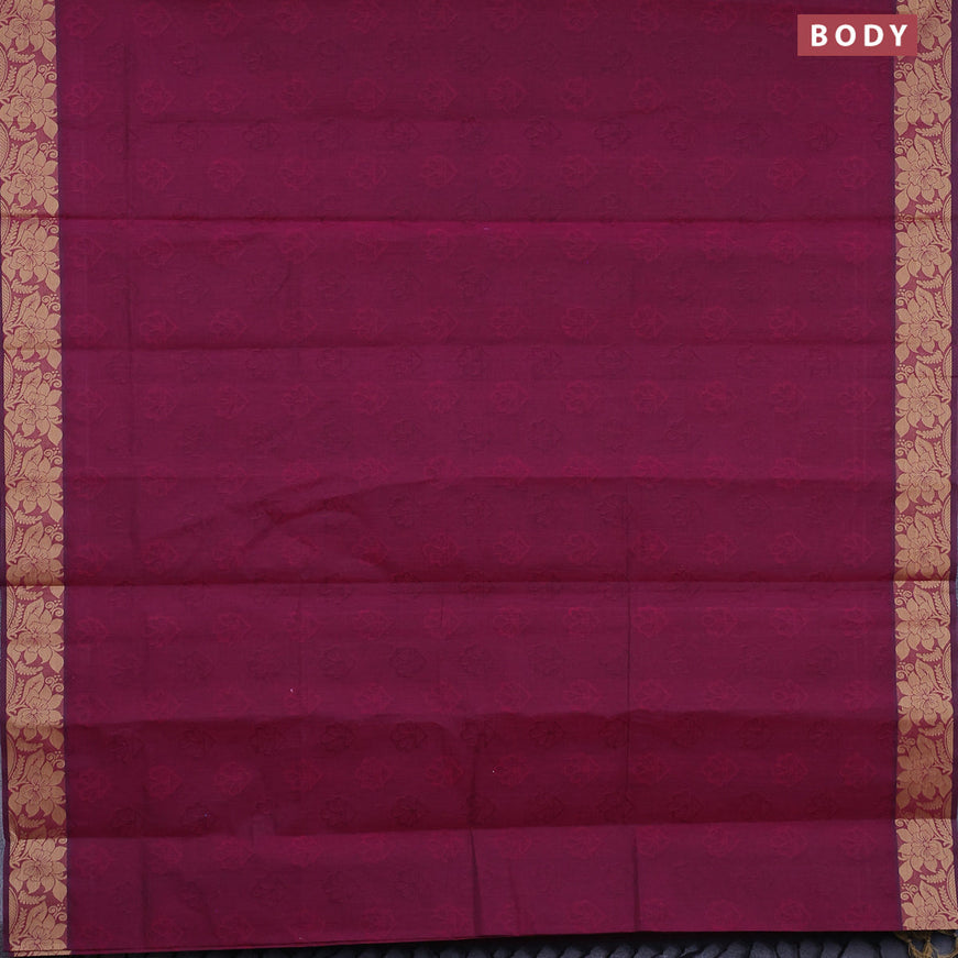 Coimbatore cotton saree dark magenta pink and sandal with allover self emboss and thread woven border