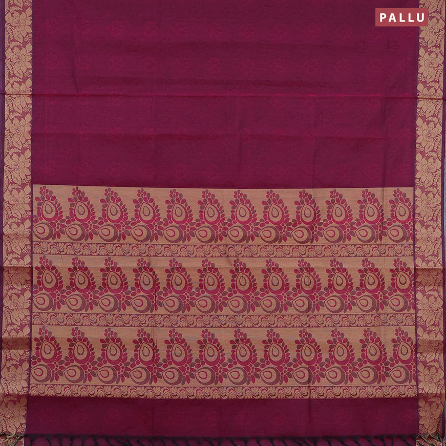 Coimbatore cotton saree dark magenta pink and sandal with allover self emboss and thread woven border