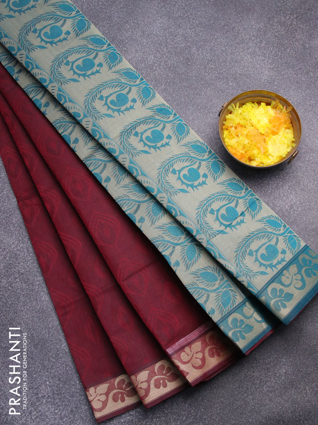 Coimbatore cotton saree dark maroon and peacock blue with allover self emboss and thread woven border